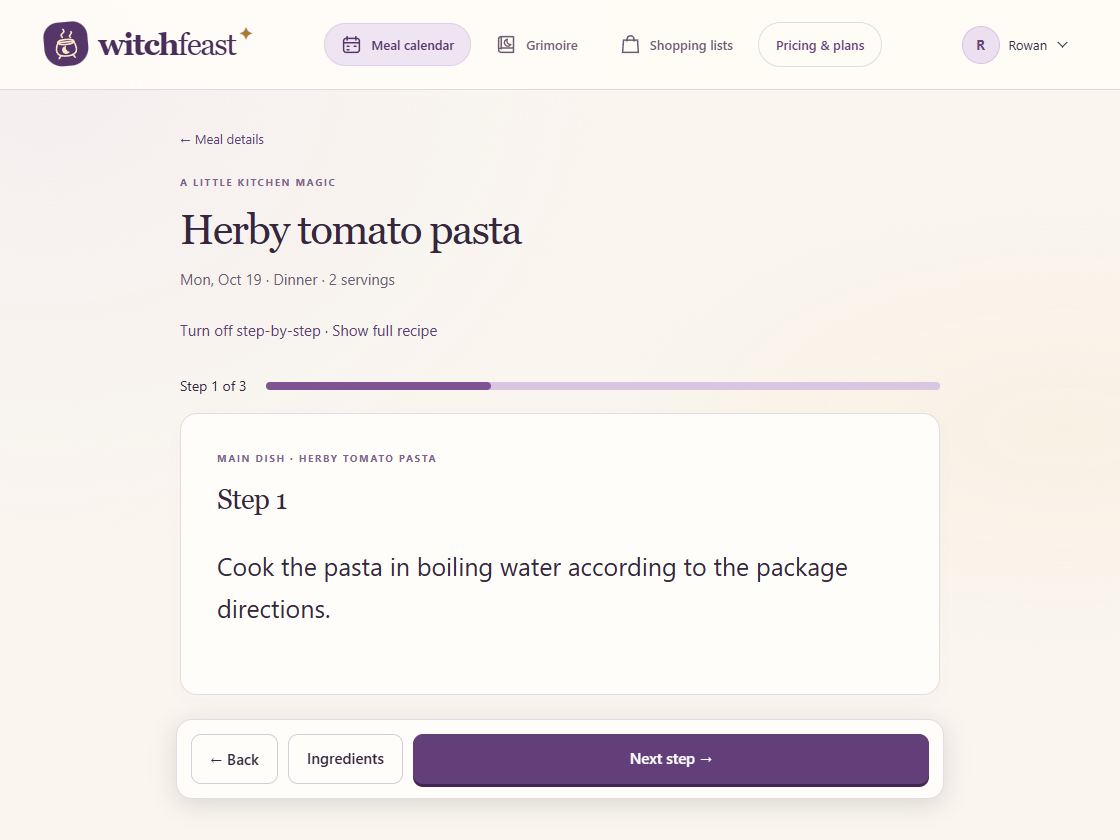 Cooking mode showing one instruction at a time for the pasta recipe.