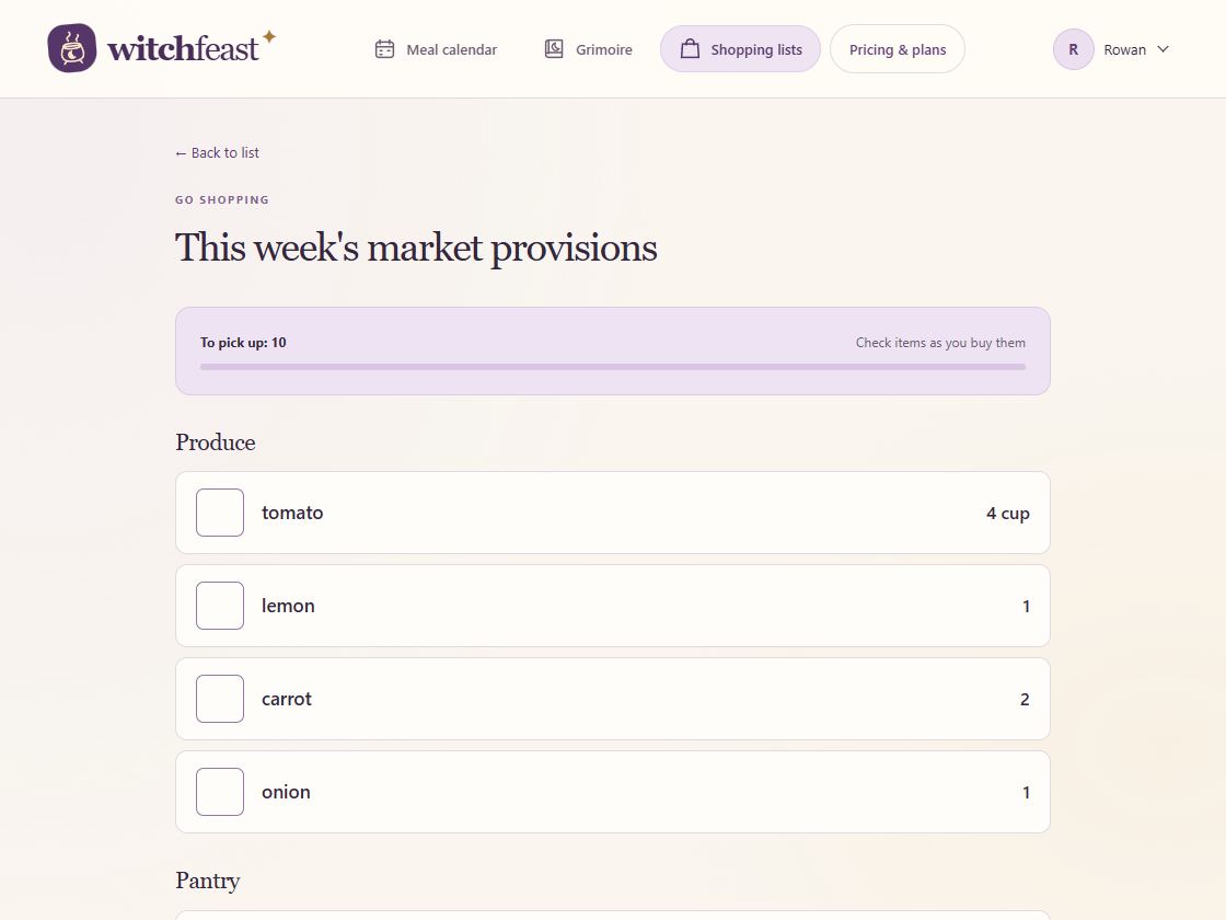 Market provisions grouped by grocery category, with checkboxes for shopping.